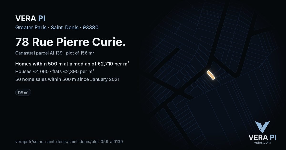 78 Rue Pierre Curie, Saint-Denis at night – the plot lit, the parcels around coloured by the prices near them