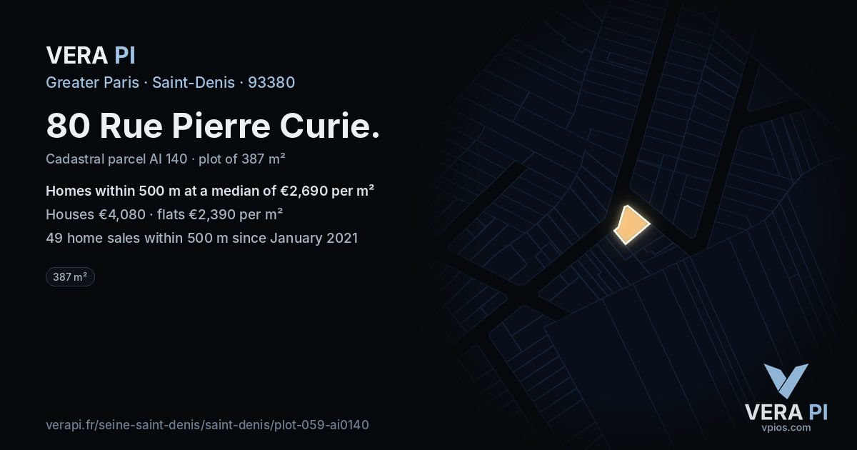80 Rue Pierre Curie, Saint-Denis at night – the plot lit, the parcels around coloured by the prices near them