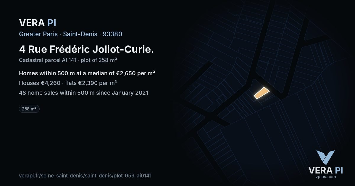 4 Rue Frédéric Joliot-Curie, Saint-Denis at night – the plot lit, the parcels around coloured by the prices near them