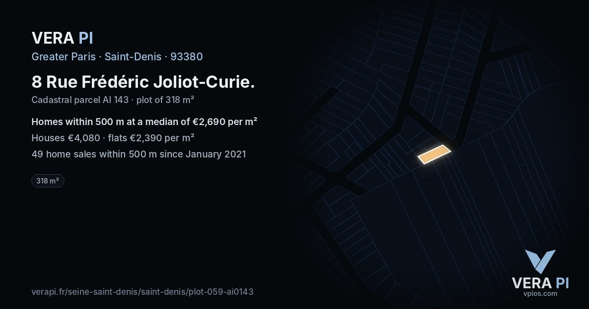 8 Rue Frédéric Joliot-Curie, Saint-Denis at night – the plot lit, the parcels around coloured by the prices near them