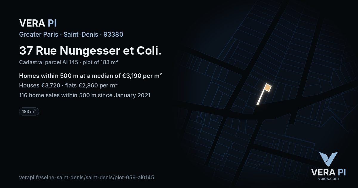 37 Rue Nungesser et Coli, Saint-Denis at night – the plot lit, the parcels around coloured by the prices near them