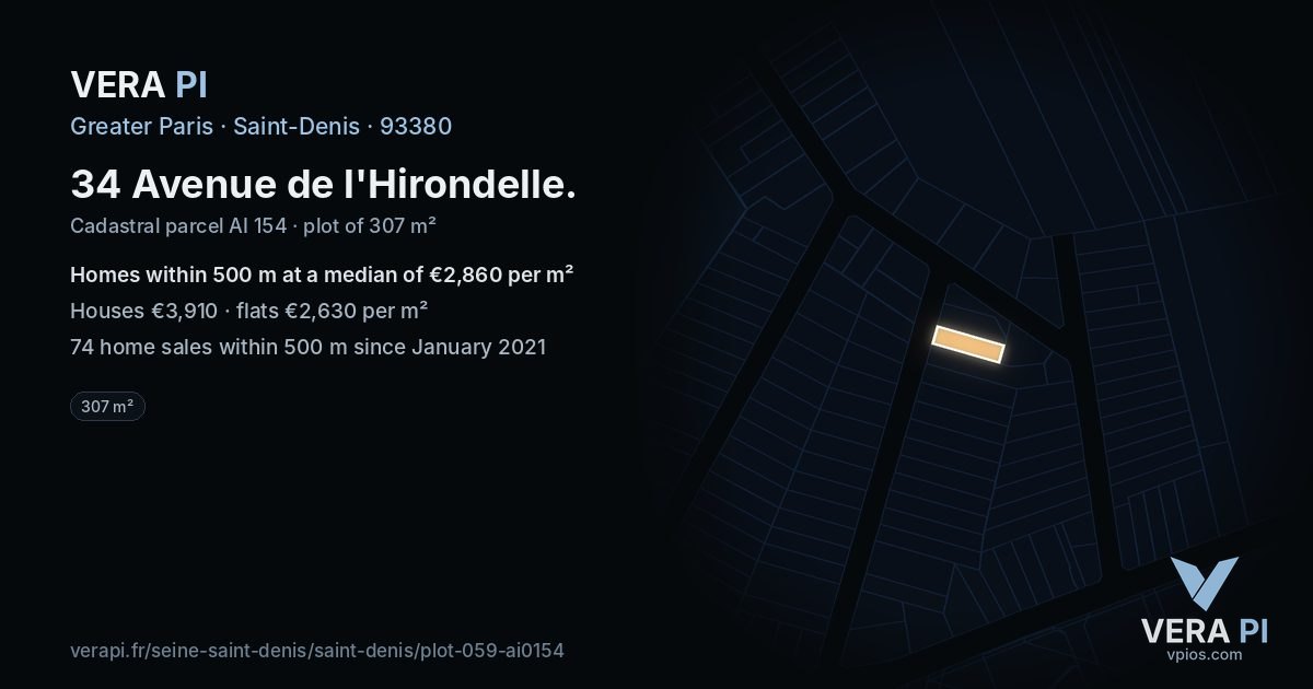34 Avenue de l'Hirondelle, Saint-Denis at night – the plot lit, the parcels around coloured by the prices near them