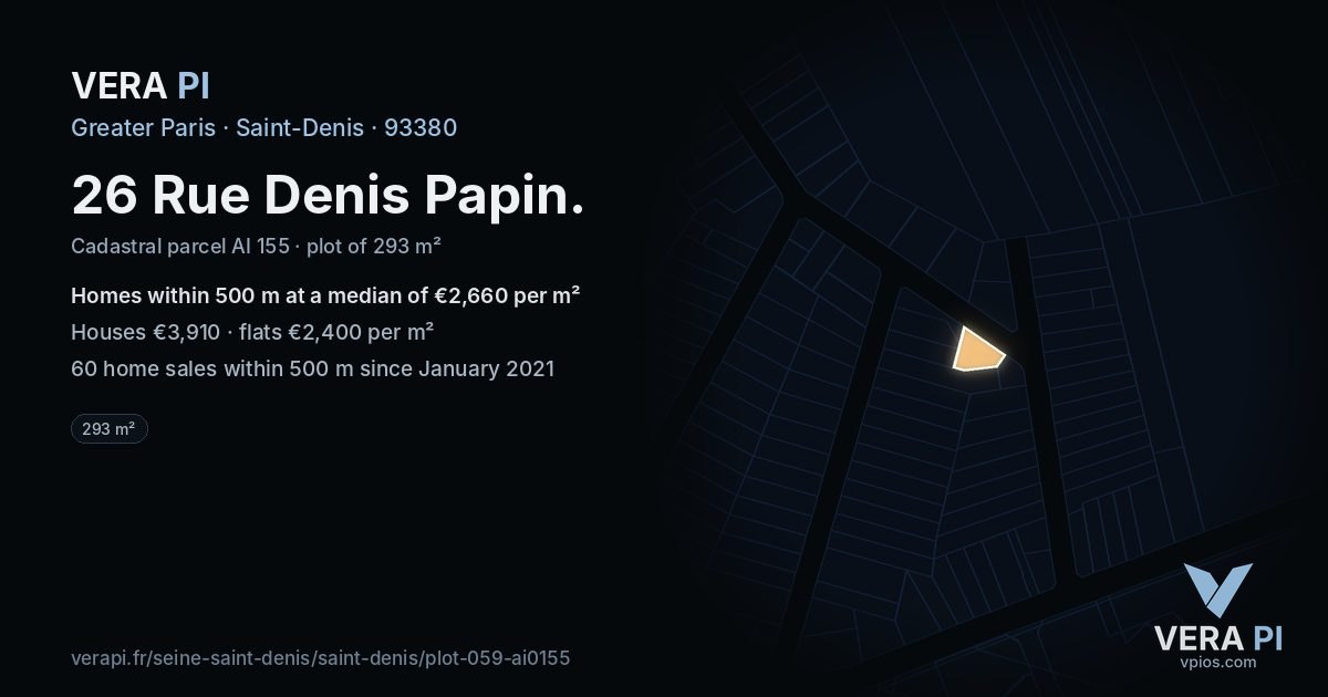 26 Rue Denis Papin, Saint-Denis at night – the plot lit, the parcels around coloured by the prices near them
