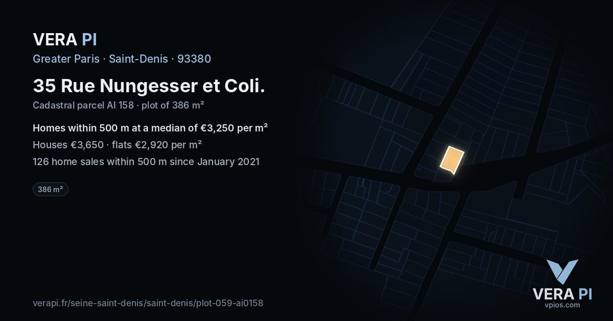35 Rue Nungesser et Coli, Saint-Denis at night – the plot lit, the parcels around coloured by the prices near them