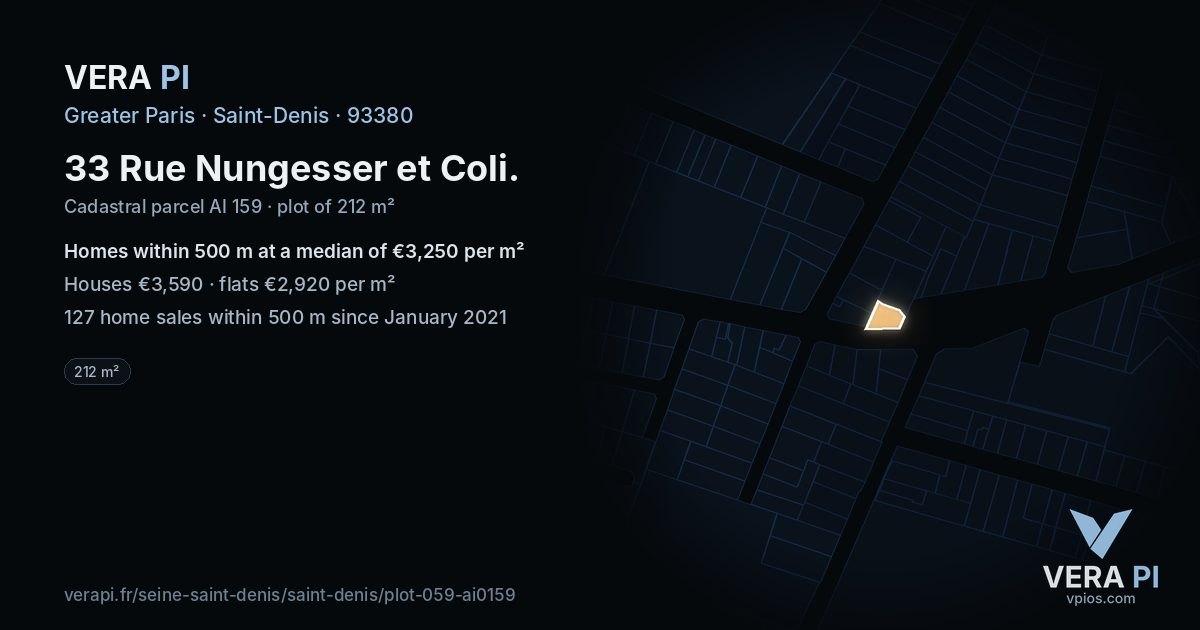 33 Rue Nungesser et Coli, Saint-Denis at night – the plot lit, the parcels around coloured by the prices near them