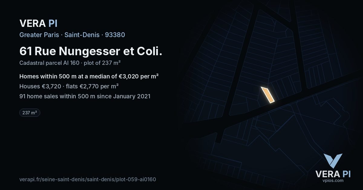 61 Rue Nungesser et Coli, Saint-Denis at night – the plot lit, the parcels around coloured by the prices near them