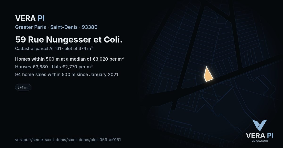 59 Rue Nungesser et Coli, Saint-Denis at night – the plot lit, the parcels around coloured by the prices near them
