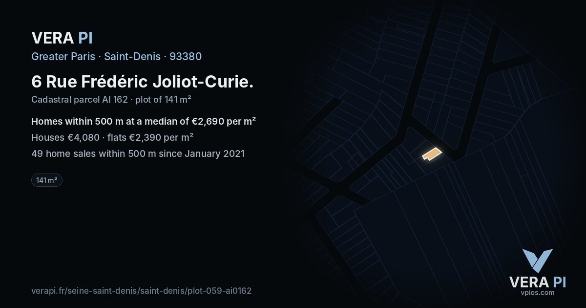 6 Rue Frédéric Joliot-Curie, Saint-Denis at night – the plot lit, the parcels around coloured by the prices near them