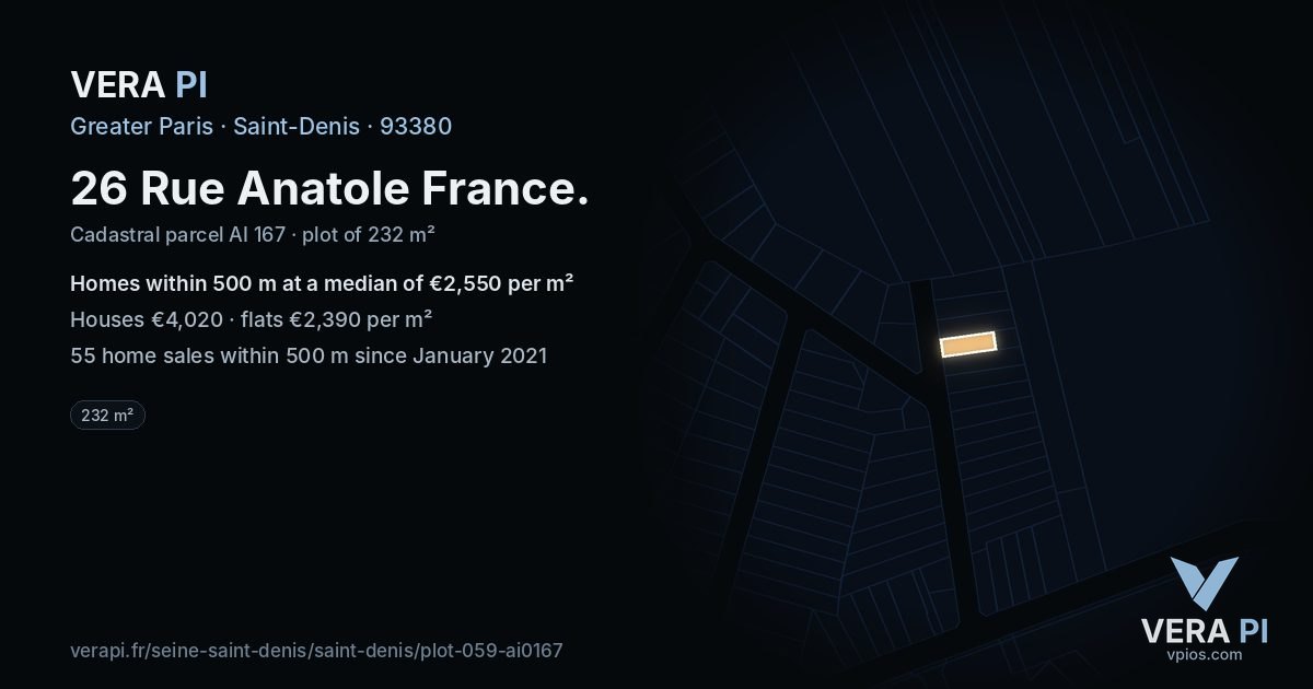 26 Rue Anatole France, Saint-Denis at night – the plot lit, the parcels around coloured by the prices near them