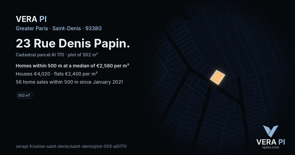 23 Rue Denis Papin, Saint-Denis at night – the plot lit, the parcels around coloured by the prices near them
