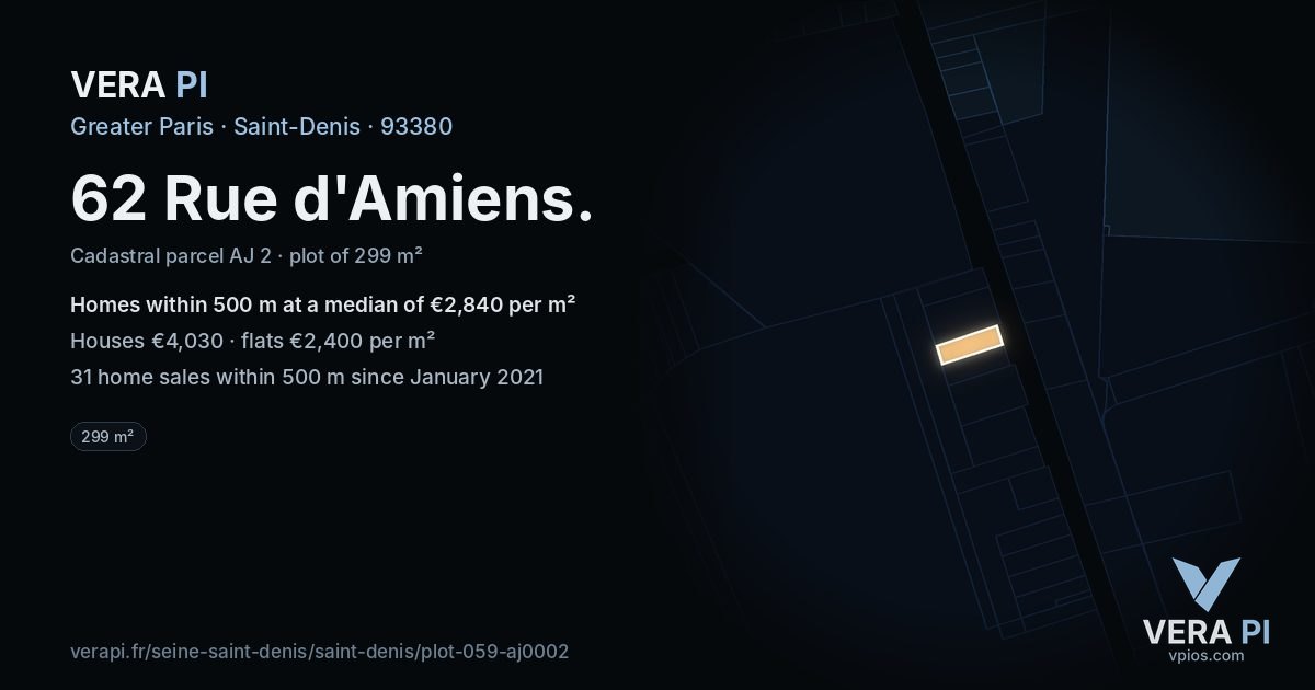 62 Rue d'Amiens, Saint-Denis at night – the plot lit, the parcels around coloured by the prices near them