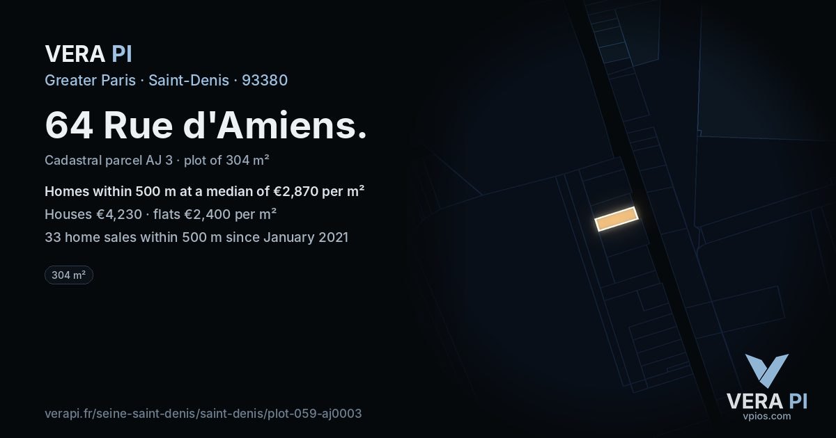 64 Rue d'Amiens, Saint-Denis at night – the plot lit, the parcels around coloured by the prices near them