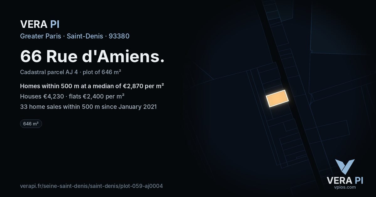 66 Rue d'Amiens, Saint-Denis at night – the plot lit, the parcels around coloured by the prices near them