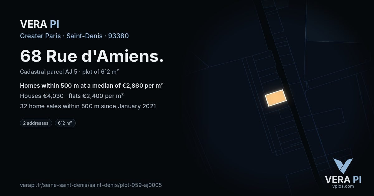 68 Rue d'Amiens, Saint-Denis at night – the plot lit, the parcels around coloured by the prices near them