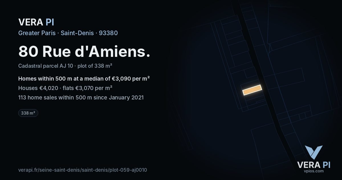 80 Rue d'Amiens, Saint-Denis at night – the plot lit, the parcels around coloured by the prices near them