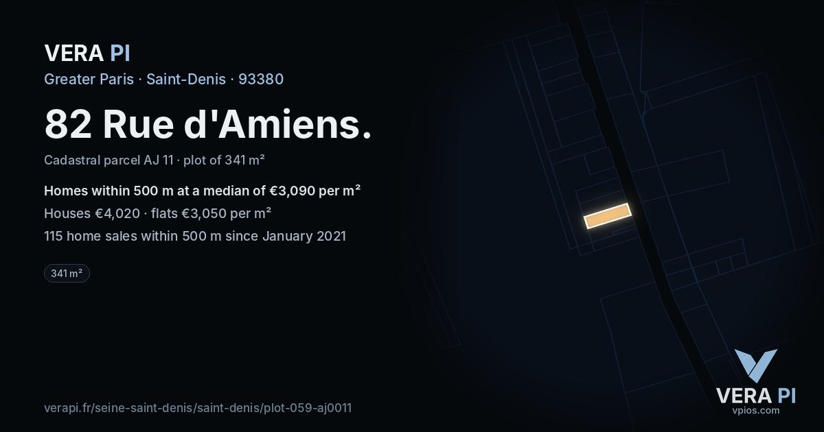 82 Rue d'Amiens, Saint-Denis at night – the plot lit, the parcels around coloured by the prices near them