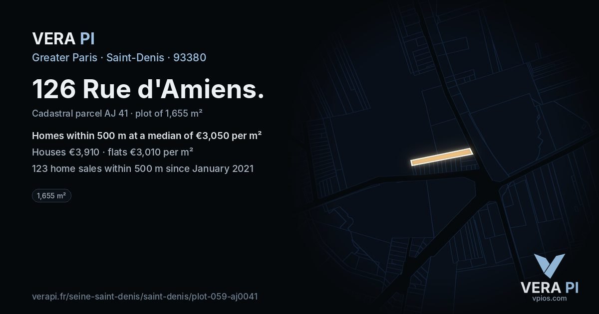126 Rue d'Amiens, Saint-Denis at night – the plot lit, the parcels around coloured by the prices near them