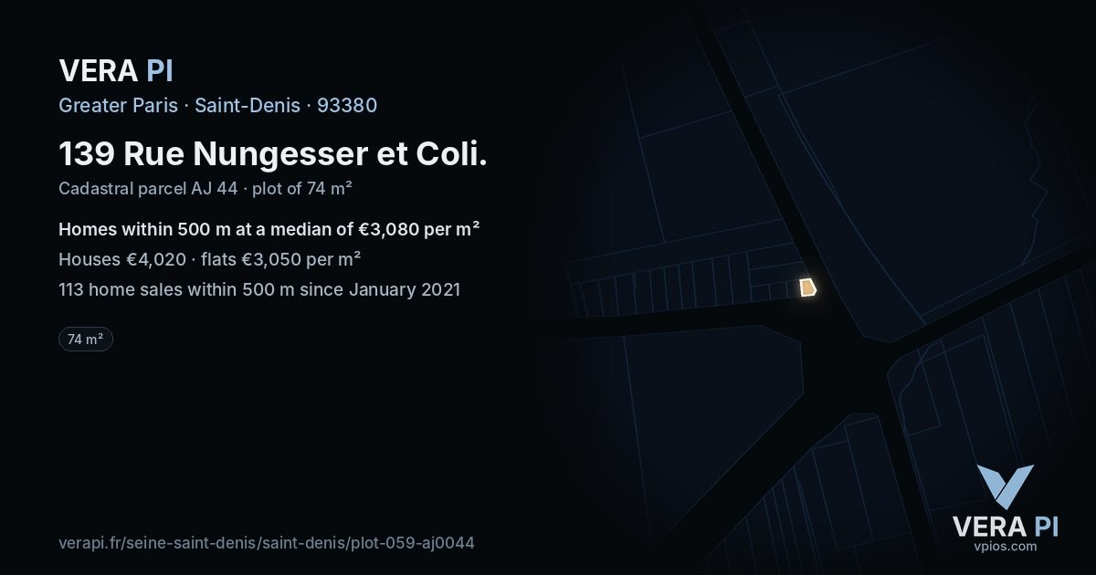 139 Rue Nungesser et Coli, Saint-Denis at night – the plot lit, the parcels around coloured by the prices near them