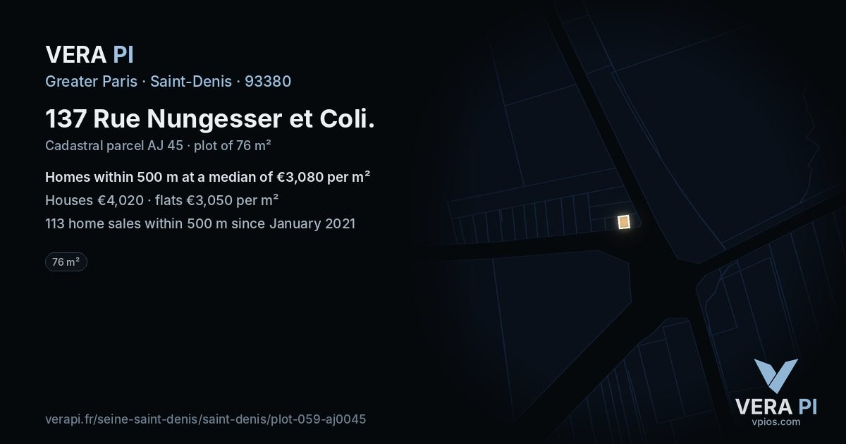 137 Rue Nungesser et Coli, Saint-Denis at night – the plot lit, the parcels around coloured by the prices near them