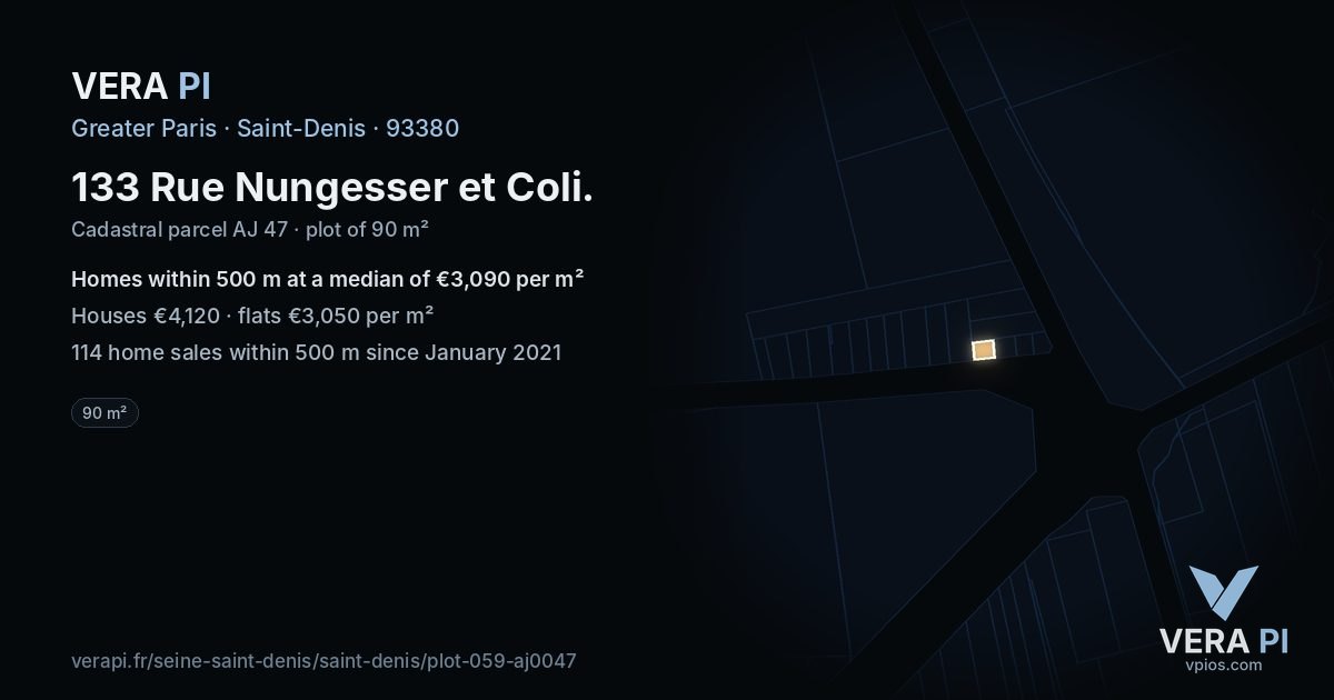 133 Rue Nungesser et Coli, Saint-Denis at night – the plot lit, the parcels around coloured by the prices near them