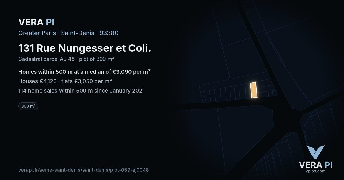 131 Rue Nungesser et Coli, Saint-Denis at night – the plot lit, the parcels around coloured by the prices near them