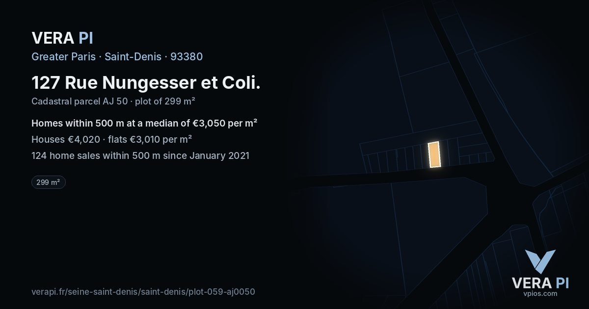 127 Rue Nungesser et Coli, Saint-Denis at night – the plot lit, the parcels around coloured by the prices near them