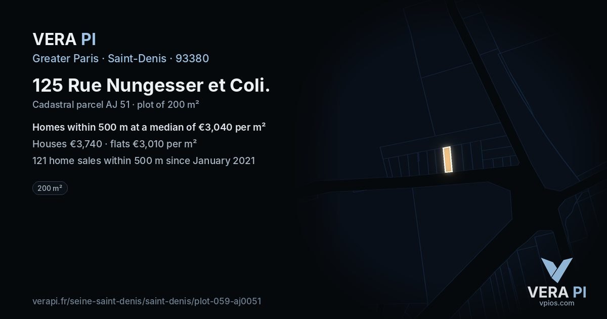 125 Rue Nungesser et Coli, Saint-Denis at night – the plot lit, the parcels around coloured by the prices near them