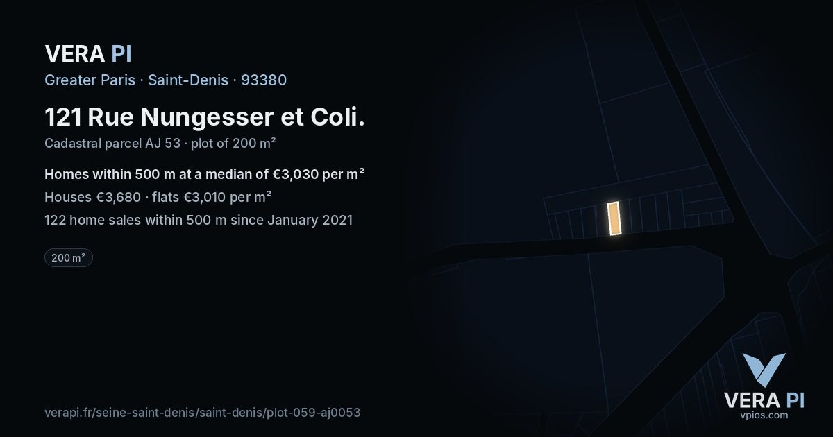 121 Rue Nungesser et Coli, Saint-Denis at night – the plot lit, the parcels around coloured by the prices near them