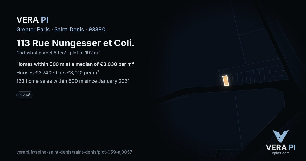 113 Rue Nungesser et Coli, Saint-Denis at night – the plot lit, the parcels around coloured by the prices near them