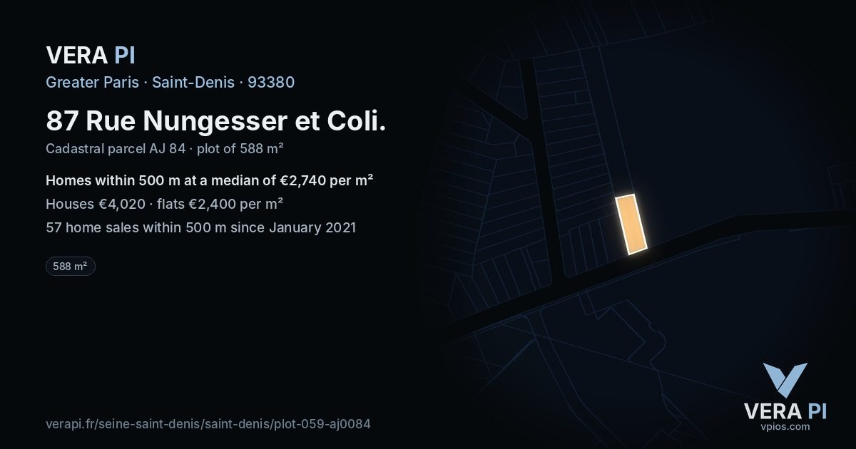 87 Rue Nungesser et Coli, Saint-Denis at night – the plot lit, the parcels around coloured by the prices near them