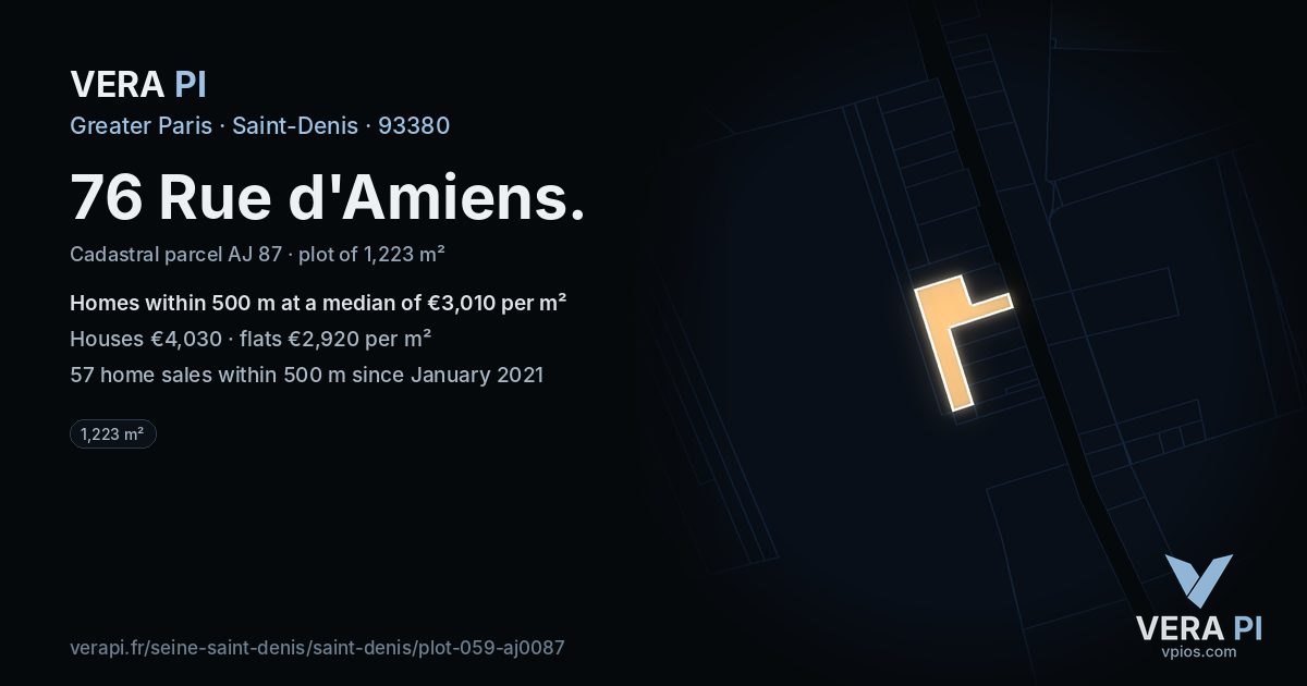 76 Rue d'Amiens, Saint-Denis at night – the plot lit, the parcels around coloured by the prices near them