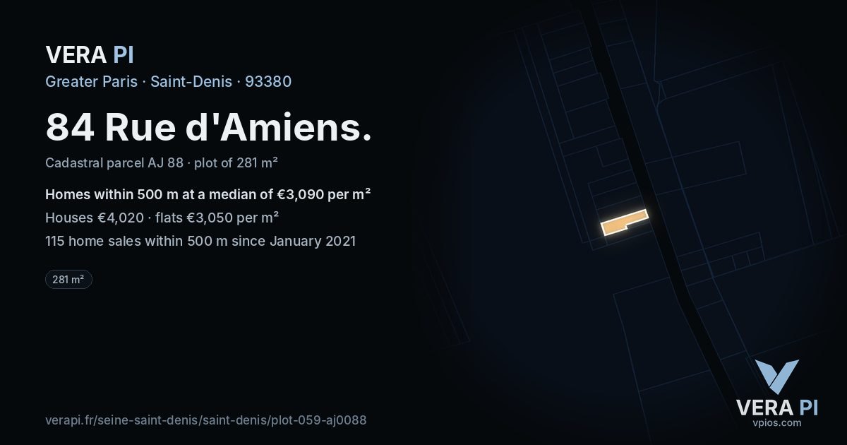 84 Rue d'Amiens, Saint-Denis at night – the plot lit, the parcels around coloured by the prices near them