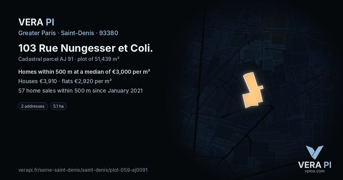 103 Rue Nungesser et Coli, Saint-Denis at night – the plot lit, the parcels around coloured by the prices near them