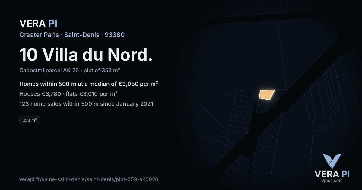 10 Villa du Nord, Saint-Denis at night – the plot lit, the parcels around coloured by the prices near them