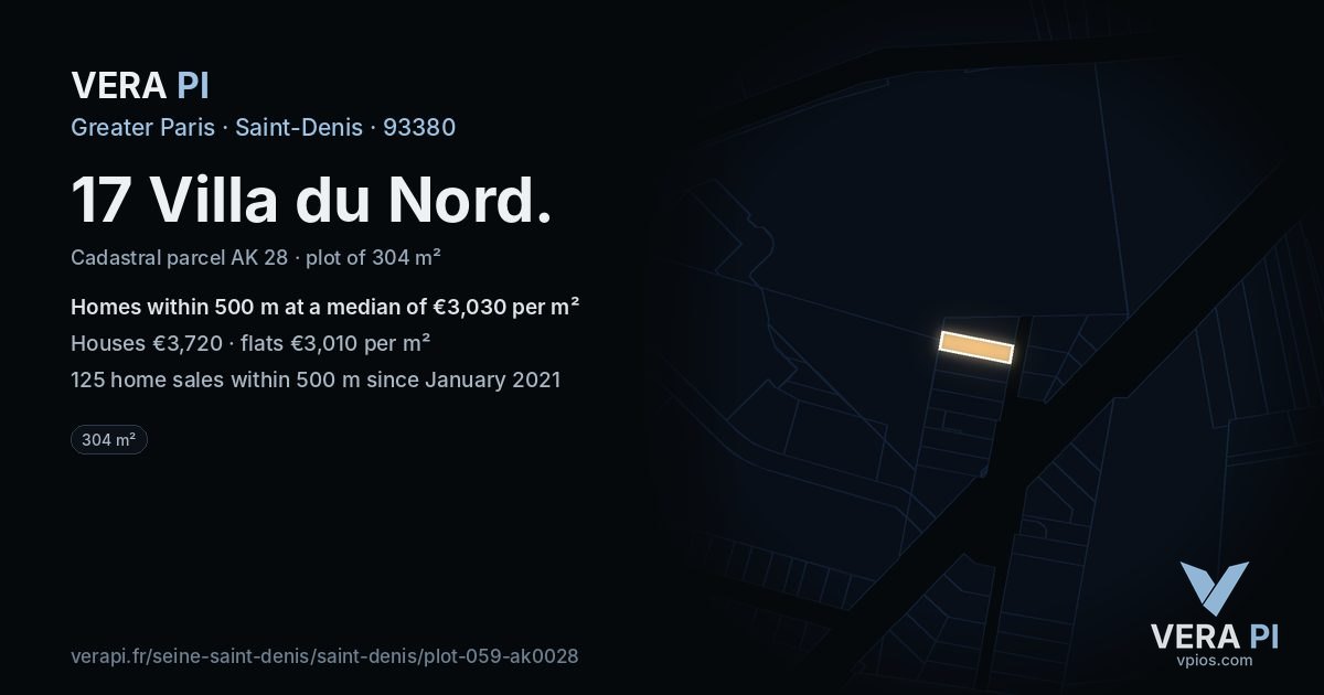 17 Villa du Nord, Saint-Denis at night – the plot lit, the parcels around coloured by the prices near them