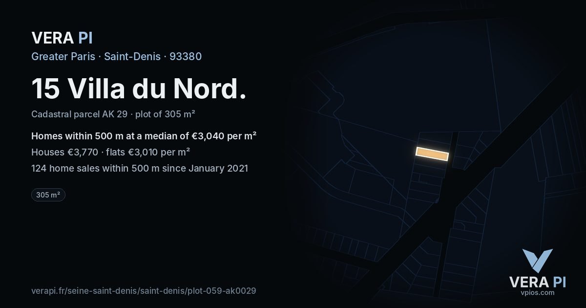 15 Villa du Nord, Saint-Denis at night – the plot lit, the parcels around coloured by the prices near them