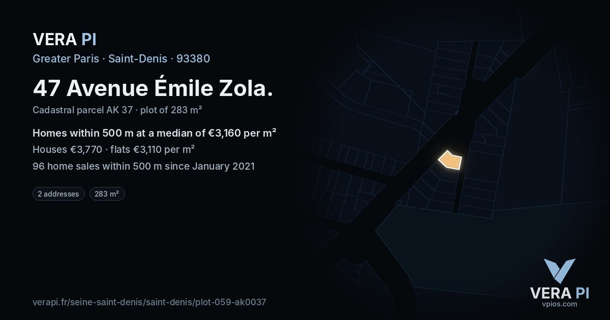 47 Avenue Émile Zola, Saint-Denis at night – the plot lit, the parcels around coloured by the prices near them