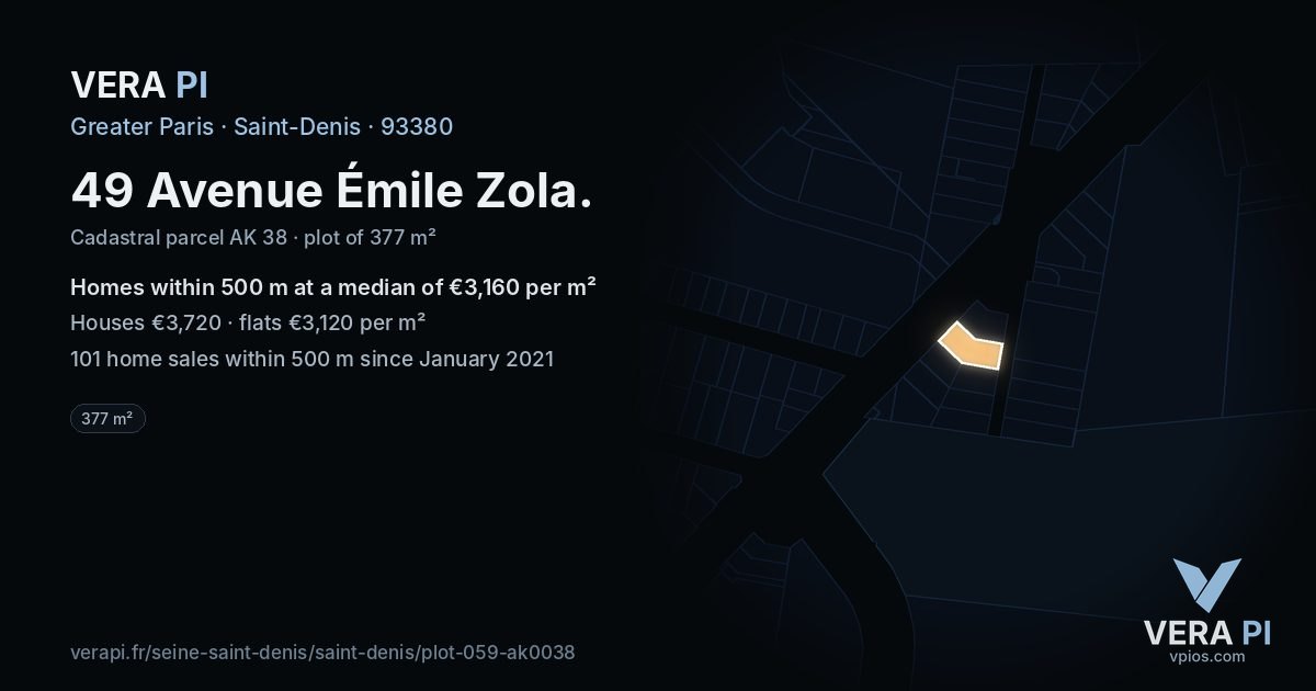 49 Avenue Émile Zola, Saint-Denis at night – the plot lit, the parcels around coloured by the prices near them