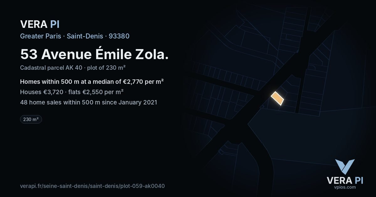 53 Avenue Émile Zola, Saint-Denis at night – the plot lit, the parcels around coloured by the prices near them