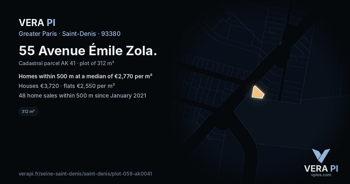 55 Avenue Émile Zola, Saint-Denis at night – the plot lit, the parcels around coloured by the prices near them