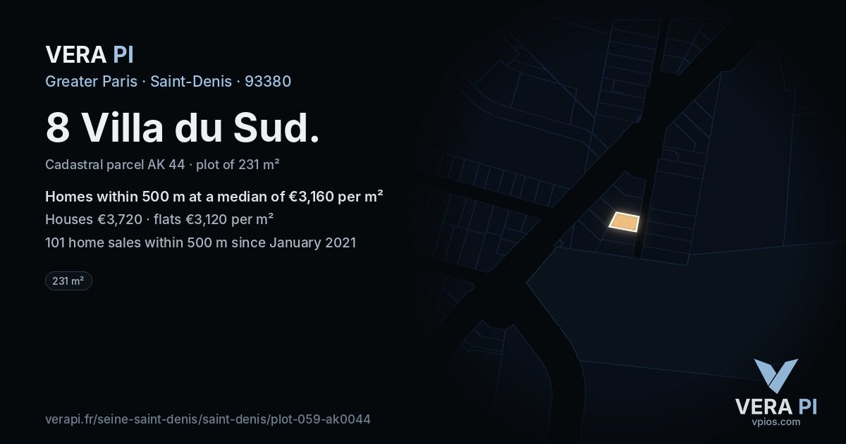 8 Villa du Sud, Saint-Denis at night – the plot lit, the parcels around coloured by the prices near them