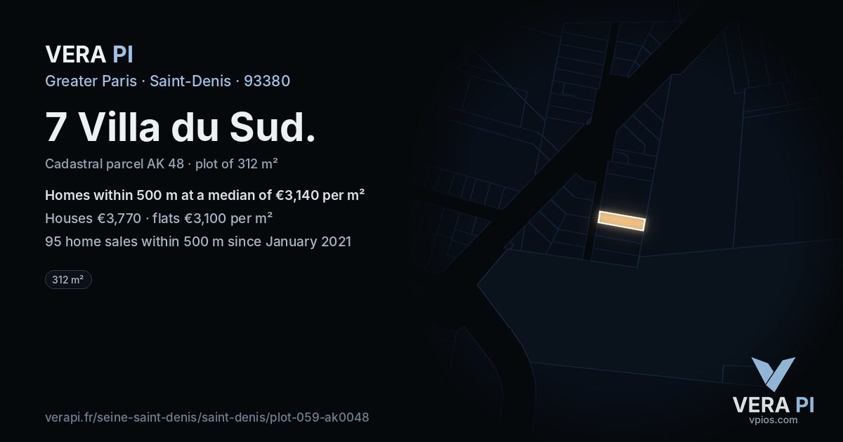 7 Villa du Sud, Saint-Denis at night – the plot lit, the parcels around coloured by the prices near them