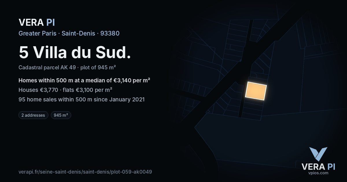 5 Villa du Sud, Saint-Denis at night – the plot lit, the parcels around coloured by the prices near them