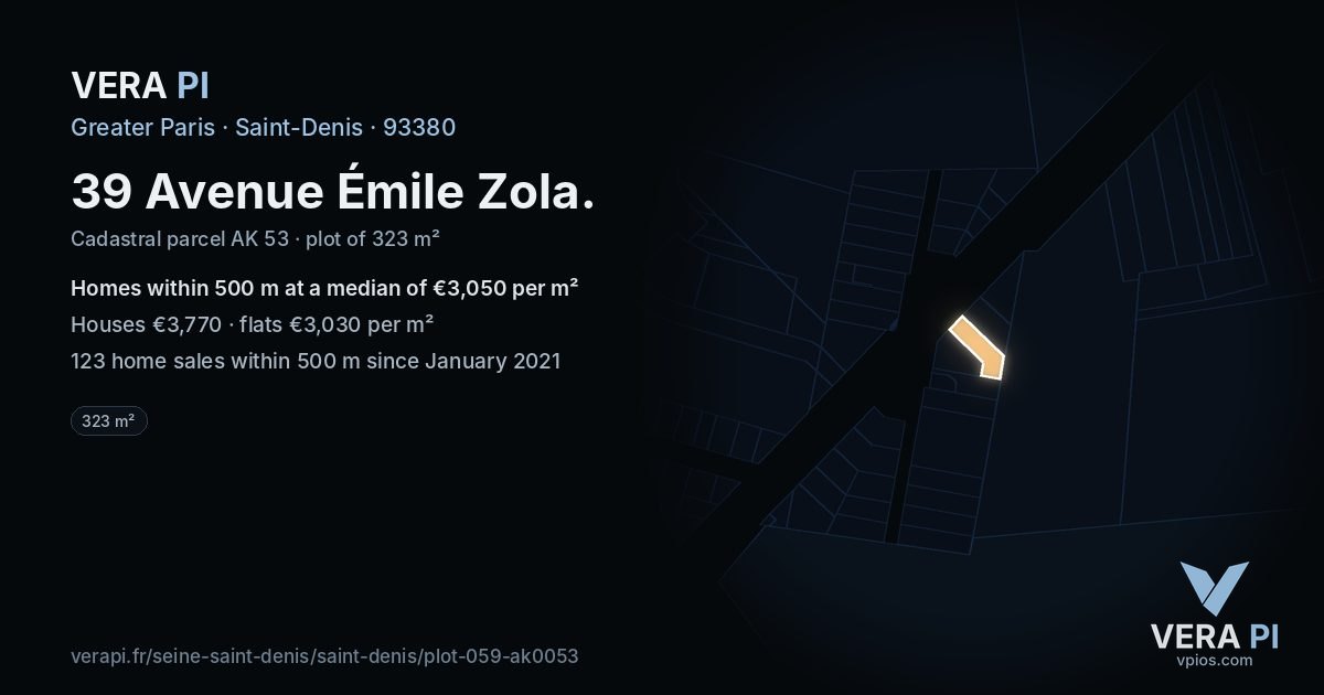 39 Avenue Émile Zola, Saint-Denis at night – the plot lit, the parcels around coloured by the prices near them