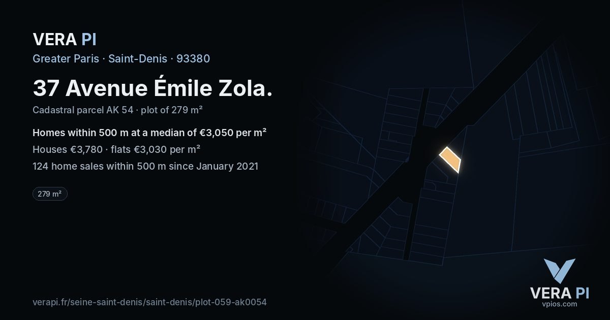37 Avenue Émile Zola, Saint-Denis at night – the plot lit, the parcels around coloured by the prices near them