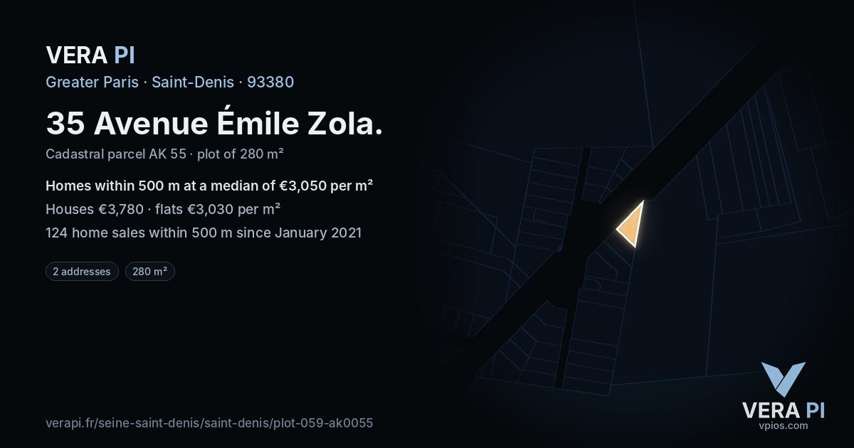 35 Avenue Émile Zola, Saint-Denis at night – the plot lit, the parcels around coloured by the prices near them