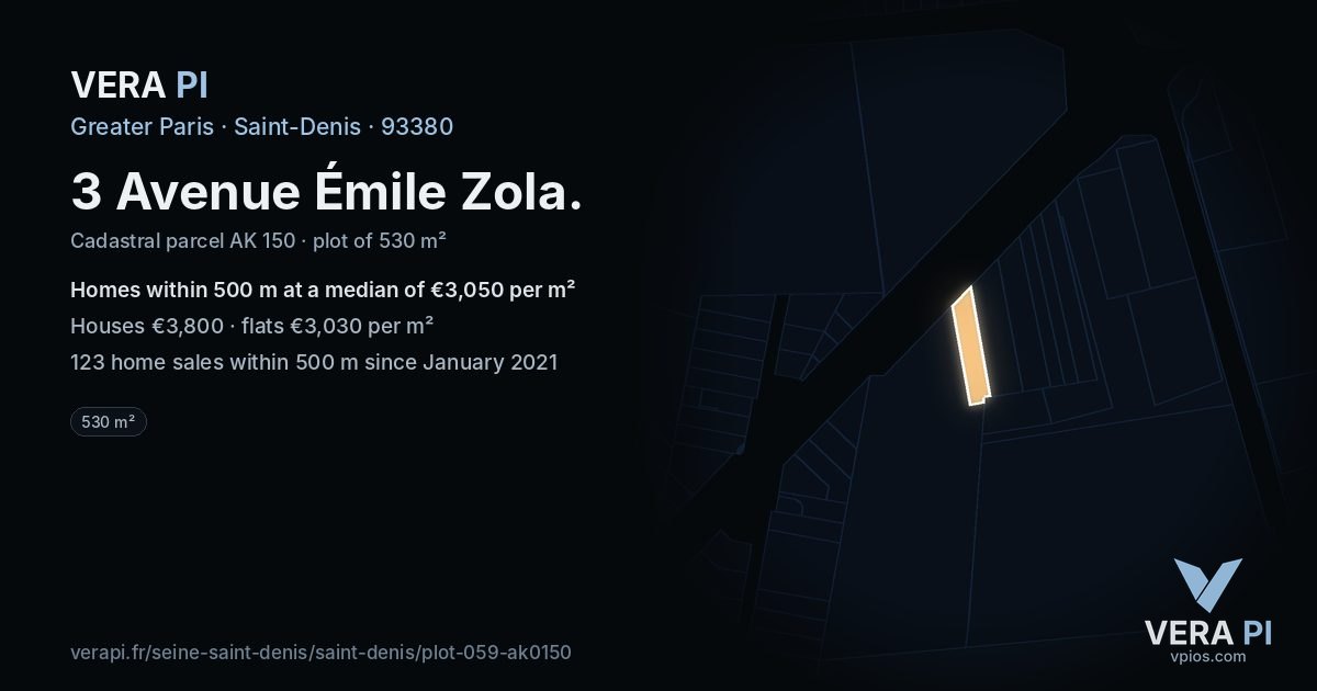 3 Avenue Émile Zola, Saint-Denis at night – the plot lit, the parcels around coloured by the prices near them