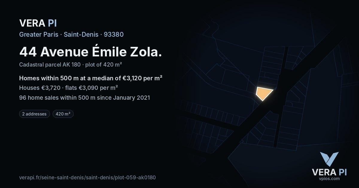 44 Avenue Émile Zola, Saint-Denis at night – the plot lit, the parcels around coloured by the prices near them