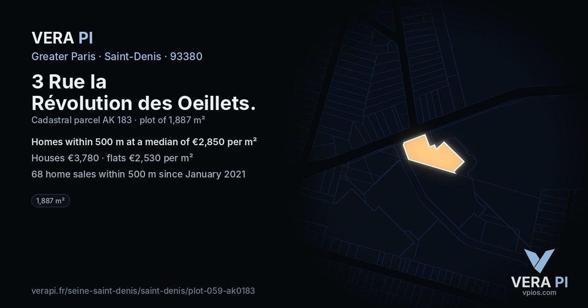 3 Rue la Révolution des Oeillets, Saint-Denis at night – the plot lit, the parcels around coloured by the prices near them
