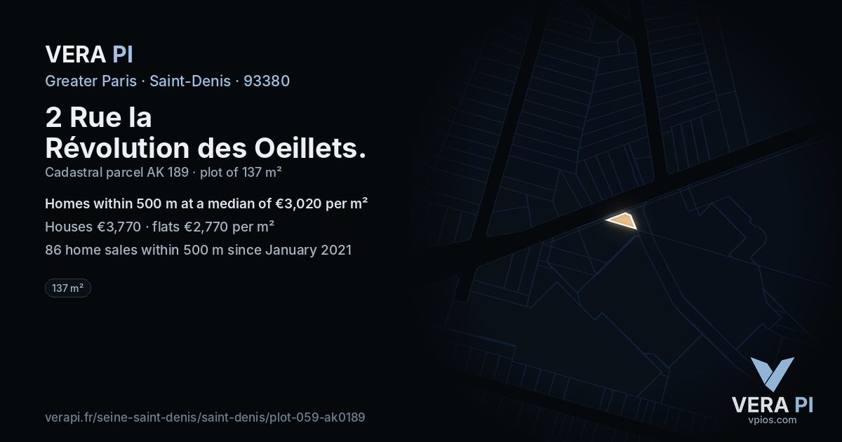 2 Rue la Révolution des Oeillets, Saint-Denis at night – the plot lit, the parcels around coloured by the prices near them